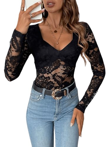 GORGLITTER Damen Spitzen Bodysuits Tiefer V-Ausschnitt Bodies Langärmelig Schmaler Body Spitzenbody Schwarz M von GORGLITTER