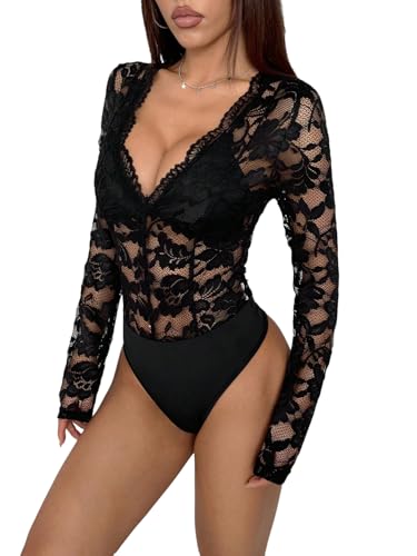 GORGLITTER Damen Spitzen Bodysuits Transparenter Bodys Elegant Langarm Bodies mit V-Ausschnitt Spitzenbody Partybody Festival Outfit Schwarz L von GORGLITTER