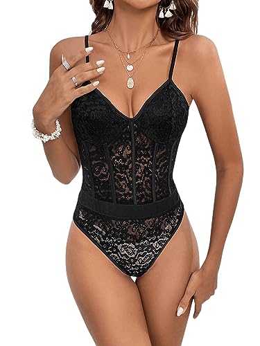 GORGLITTER Damen Spitzen Bodysuits Transparenter Bodys Spaghettiträger Bodies Spaghetti Oberteil Schwarz L von GORGLITTER