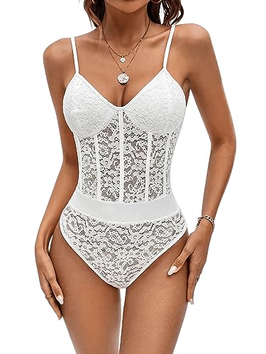 GORGLITTER Damen Spitzen Bodysuits Transparenter Bodys Spaghettiträger Bodies Spaghetti Oberteil Weiß L von GORGLITTER