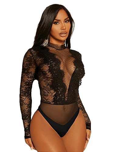 GORGLITTER Damen Spitzen Bodysuits Transparenter Bodys Stehkragen Bodies Langarm Oberteil Bodys Schwarz XS von GORGLITTER