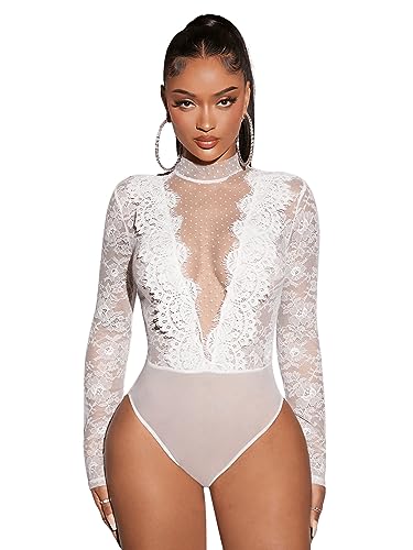 GORGLITTER Damen Spitzen Bodysuits Transparenter Bodys Stehkragen Bodies Langarm Oberteil Bodys Weiß L von GORGLITTER