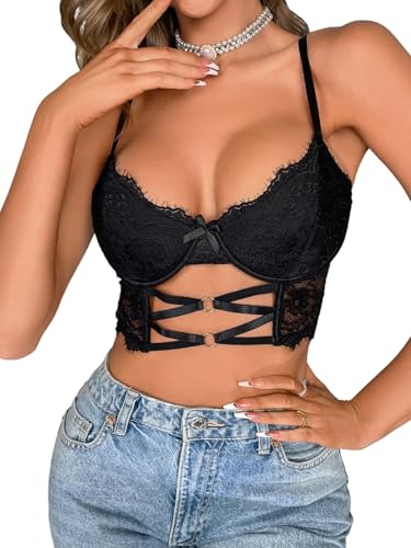 GORGLITTER Damen Spitzen Bustier BH Elegant Push Up BHS mit Bügel Unterwäsche Starker Halt Ungepolsterte Korsett Top Spaghetti Spitzentop Schwarz XS von GORGLITTER