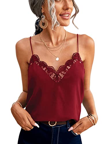 GORGLITTER Spitzen Top Damen Spaghettiträger Sommer Oberteile Elegant Ärmellos Spitzentop Camisole Untertops mit V-Ausschnitt Bordeaux M von GORGLITTER