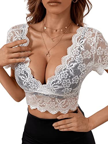 GORGLITTER Damen Spitzen Crop Top Bauchfrei Cropshirt Spitze Dirndlbluse Durchsichtige Oberteil Spitzentop mit V-Ausschnitt Weiß L von GORGLITTER