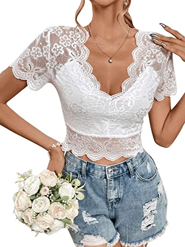 GORGLITTER Damen Spitzen Crop Top Bauchfreies Oberteil Kurz Tops V-Ausschnitt Teil Elegant Spitzenshirt Weiß L von GORGLITTER