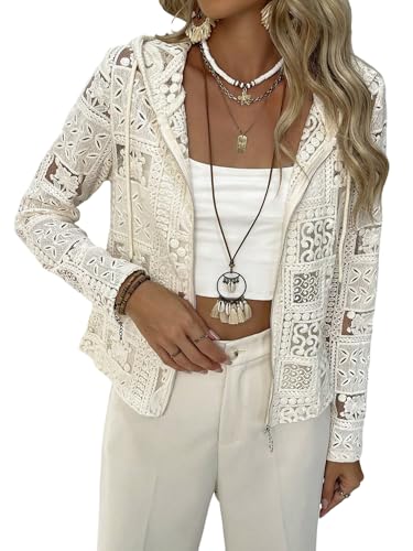 GORGLITTER Damen Spitzen Jacke Elegant Langarm Herbstjacke mit Spitze Leicht Übergangsjacke mit Reißverschluss Kapuzejacke Dünn Spitzenjacke Herbst Aprikosenfarben L von GORGLITTER