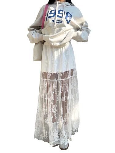 GORGLITTER Damen Spitzen Maxirock Elegant Hohe Taille Spitzenrock Lange Röcke A-Linie Freizeitrock Blumenmuster Sommerrock Durchsichtige Partyrock Weiß L von GORGLITTER