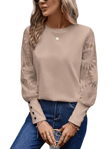 GORGLITTER Damen Spitzen Oberteil Rundhals Langarmshirt Langarm Shirts Elegant Top mit Spitzenkontrast Aprikosenfarben S von GORGLITTER