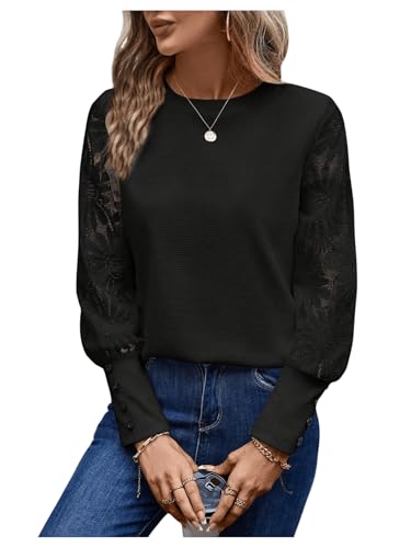 GORGLITTER Damen Spitzen Oberteil Rundhals Langarmshirt Langarm Shirts Elegant Top mit Spitzenkontrast Schlichtes Schwarz XL von GORGLITTER