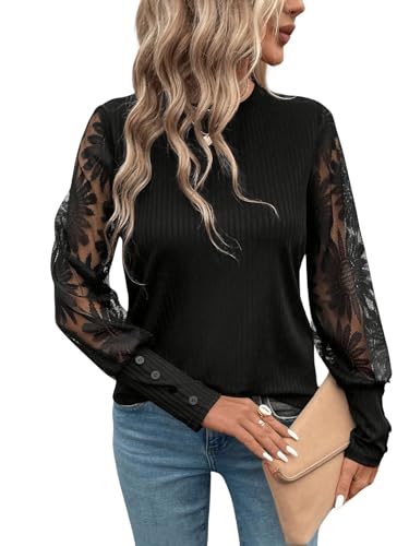 GORGLITTER Damen Spitzen Oberteil Rundhals Langarmshirt Langarm Shirts Elegant Top mit Spitzenkontrast Schwarz L von GORGLITTER