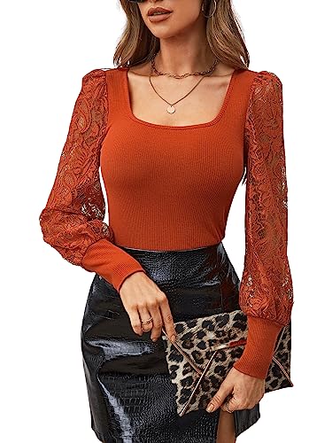 GORGLITTER Damen Spitzen Oberteil U-Ausschnitt Langarmshirt Laternenärmeln Shirts Elegant Top mit Spitzenkontrast Orange gebrannt L von GORGLITTER