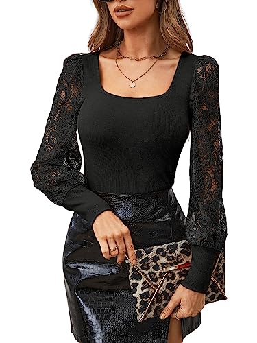 GORGLITTER Damen Spitzen Oberteil U-Ausschnitt Langarmshirt Laternenärmeln Shirts Elegant Top mit Spitzenkontrast Schwarz M von GORGLITTER