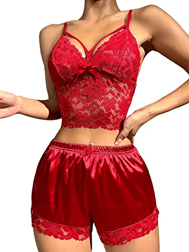 GORGLITTER Damen Spitzen Pyjama Set Cami Crop Top und Shorts Sets Spitzenoberteil Satin Kurz Hose 2-teiliges Set Schlafi Bordeaux L von GORGLITTER