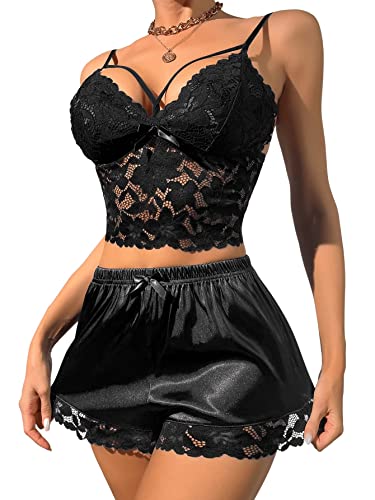 GORGLITTER Damen Spitzen Pyjama Set Cami Crop Top und Shorts Sets Spitzenoberteil Satin Kurz Hose 2-teiliges Set Schlafi Schwarz L von GORGLITTER