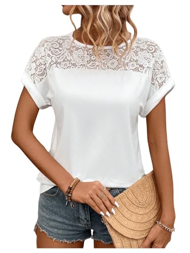 GORGLITTER Damen Spitzen T-Shirt Kurzarm Oberteil Sommer Spitzentop Sommershirt Bluse Elegant Weiß S von GORGLITTER