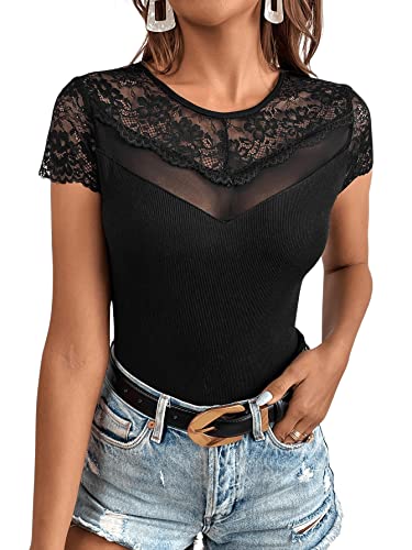 GORGLITTER Damen Spitzen Top Oberteil Mit Mesh Shirt Mit Spitze Schwarz Sexy Tshirt Mit Ausschnitt Rippenstrick Top Schwarz L von GORGLITTER