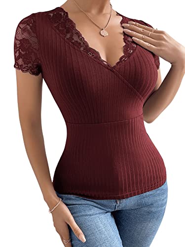 GORGLITTER Oberteil Spitze Damen Spitzentop V-Ausschnitt Oberteile Spitzen T-Shirt Elegant Spitzenshirt Outfits Maroon S von GORGLITTER