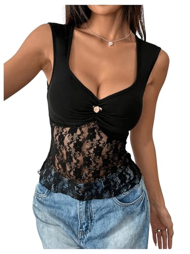 GORGLITTER Damen Spitzen Trägertop Ärmellos Oberteil Tanktop Spitzentop Sommertop Trägerhemd Casualtop Party Festival Outfit Schwarz M von GORGLITTER
