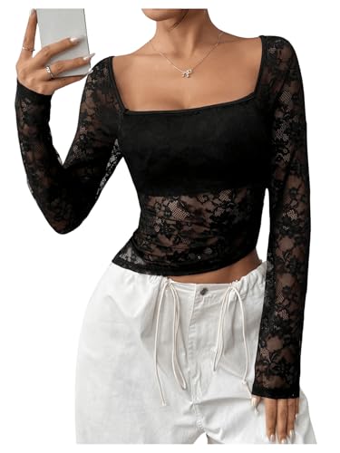 GORGLITTER Damen Spitzenoberteil Bauchfreies T-Shirt Langarm Tops Asymmetrisch Langarmshirt Crop Tshirt Y2K Oberteil Schwarz M von GORGLITTER