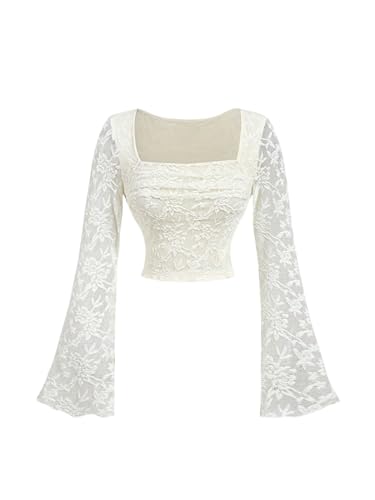 GORGLITTER Damen Spitzenshirt Elegant Bauchfrei Oberteil Langarm Tops Y2K Langarmshirt Dirndl Bluse Party Outfit Aprikosenfarben L von GORGLITTER