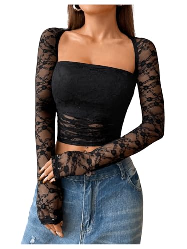 GORGLITTER Damen Spitzenshirt Elegant Oberteil Crop Shirt Bauchfrei T-Shirt Y2K Casualshirt Spitzentop Langarm Party Outfit Schwarz L von GORGLITTER