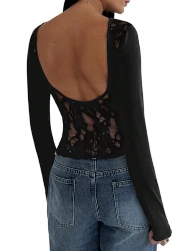 GORGLITTER Damen Spitzenshirt Elegant Rückenfreies Top mit Spitzen Patchwork Slim Fit Oberteile mit U-Boot Ausschnitt Casual Langarmshirt Schwarz M von GORGLITTER