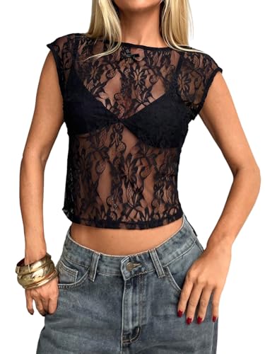GORGLITTER Damen Spitzetop Elegant Y2K Kurzarm Crop Top mit Durchsichtige Spitze Bauchfreies Oberteil Flügelärmel Freizeittop Sommer Outfits Schwarz S von GORGLITTER