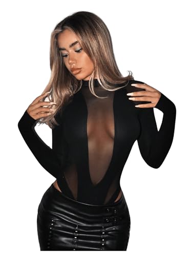 GORGLITTER Damen Stehkragen Body Mesh Bodysuit Langarm Bodies Transparentes Nets Oberteil Overall Bodys Schwarz L von GORGLITTER