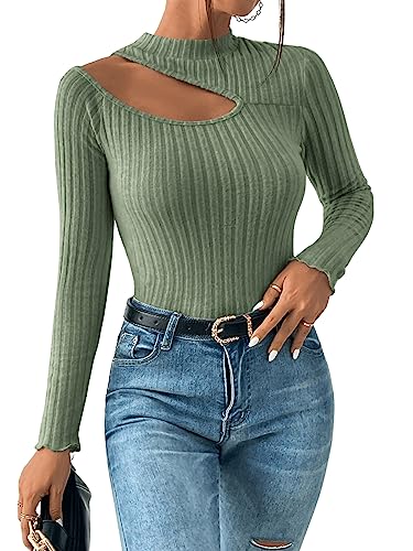 GORGLITTER Damen Stehkragen Oberteil Langarmshirts Cut Outs Herbsrtshirt Rippenstrick Tops Pullover Armeegrün L von GORGLITTER