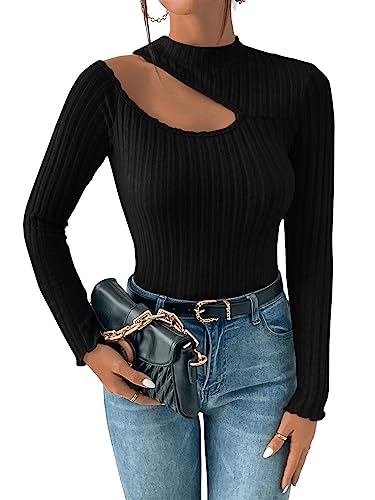 GORGLITTER Damen Stehkragen Oberteil Langarmshirts Cut Outs Herbsrtshirt Rippenstrick Tops Pullover Schwarz L von GORGLITTER