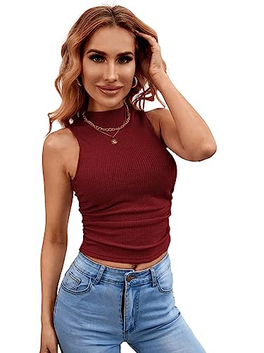 GORGLITTER Damen Stehkragen Tank Top Crop Oberteil Basic Slim Gerüscht Shirts Bauchfrei Tops Bordeaux M von GORGLITTER