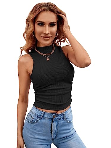 GORGLITTER Damen Stehkragen Tank Top Crop Oberteil Basic Slim Gerüscht Shirts Bauchfrei Tops Schwarz M von GORGLITTER