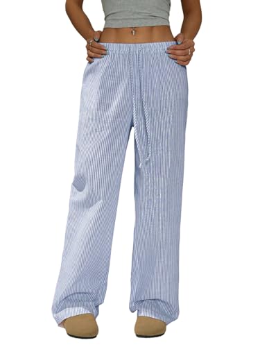 GORGLITTER Damen Streifen Hose Lange Y2K Gestreifte Hosen mit Weitem Bein Freizeithosen mit Tunnelzug Lockere Bequeme Causalhose Herbst Outfit Blau XXS von GORGLITTER