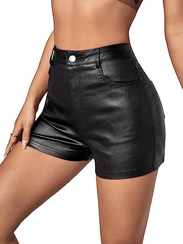 GORGLITTER Damen Stretch Shorts Kurze Hose PU Lederoptik Kunstlederhose Nachtclub Hosen Schwarz einfarbig XS von GORGLITTER