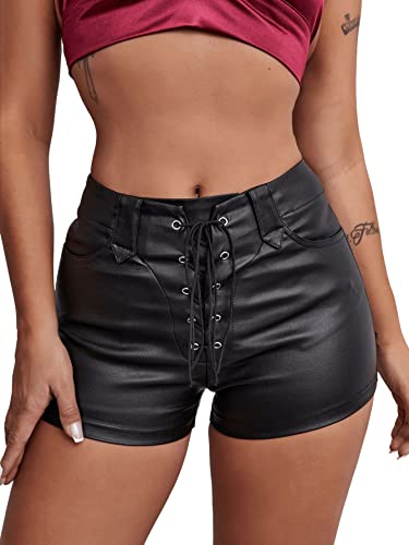 GORGLITTER Damen Stretch Shorts Kurze Hose PU Lederoptik Kunstlederhose Nachtclub Hosen mit Öse und Kordelzug Schwarz L von GORGLITTER