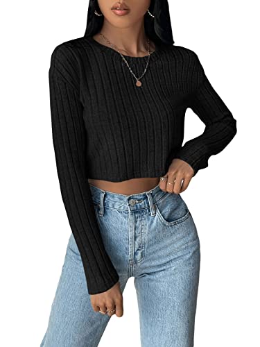 GORGLITTER Damen Strick Crop T-Shirt Bauchfrei Oberteile Rundhals Langarmshirt Cropped Tops Pullover Langarm Shirts Schwarz M von GORGLITTER