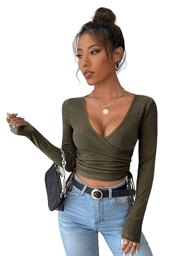 GORGLITTER Damen Strick Crop T-Shirt Bauchfrei Oberteile Tiefer V Ausschnitt Langarmshirt Pullover Cropped Tops mit Band Armeegrün S von GORGLITTER