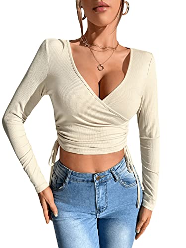 GORGLITTER Damen Strick Crop T-Shirt Bauchfrei Oberteile Tiefer V Ausschnitt Langarmshirt Pullover Cropped Tops mit Band Beige S von GORGLITTER