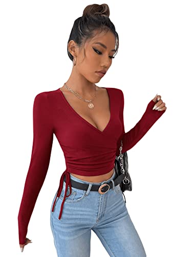 GORGLITTER Damen Strick Crop T-Shirt Bauchfrei Oberteile Tiefer V Ausschnitt Langarmshirt Pullover Cropped Tops mit Band Bordeaux M von GORGLITTER