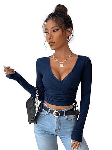 GORGLITTER Damen Strick Crop T-Shirt Bauchfrei Oberteile Tiefer V Ausschnitt Langarmshirt Pullover Cropped Tops mit Band Marineblau L von GORGLITTER