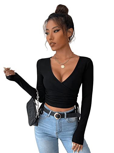 GORGLITTER Damen Strick Crop T-Shirt Bauchfrei Oberteile Tiefer V Ausschnitt Langarmshirt Pullover Cropped Tops mit Band Schwarz L von GORGLITTER