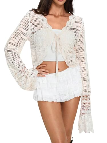 GORGLITTER Damen Strickjacke Boho Tops Langarm Häkel Cardigan mit Bindeband Vorne Leicht Lochmuster Strandjacke Bolerojacke Freizeitjacke Aprikosenfarben L von GORGLITTER