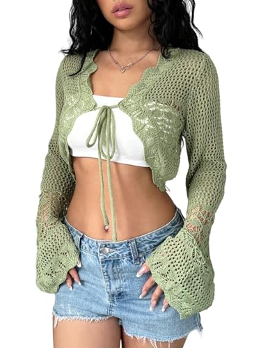 GORGLITTER Damen Strickjacke Boho Tops Langarm Häkel Cardigan mit Bindeband Vorne Leicht Lochmuster Strandjacke Bolerojacke Freizeitjacke Grün M von GORGLITTER