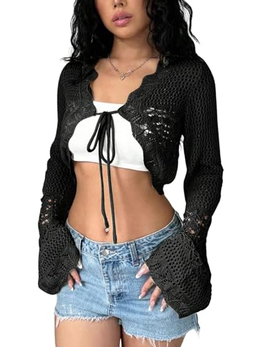 GORGLITTER Damen Strickjacke Boho Tops Langarm Häkel Cardigan mit Bindeband Vorne Leicht Lochmuster Strandjacke Bolerojacke Freizeitjacke Schwarz M GORGLITTER Damen Strickjacke Boho Tops Langarm Häkel Cardigan mit Bindeband Vorne Leicht Lochmuster Strandjacke Bolerojacke Freizeitjacke Schwarz M von GORGLITTER