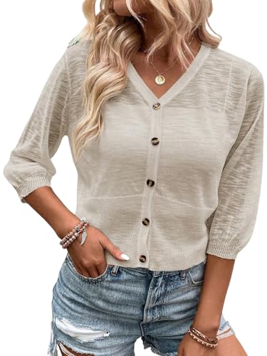 GORGLITTER Damen Strickjacke Elegant Cardigan Halbarm Übergangsjacke mit Knöpfen Dünne Transparenter Oberteil Strickpullover Outfit Aprikosenfarben L von GORGLITTER