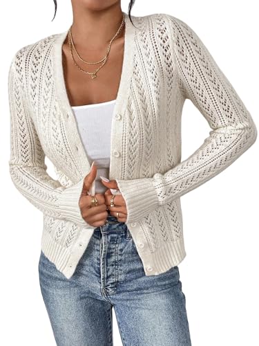 GORGLITTER Damen Strickjacke Elegant Cardigan Langarm Häkel Oberteil mit Knöpfe Strickpullover V Ausschnitt Herbst Strickoberteil Langarmshirt Aprikosenfarben S von GORGLITTER