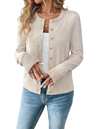 GORGLITTER Damen Strickjacke Elegant Cardigan Langarm Pullover mit Rundkragen Strickmantel mit Knöpfen Vorn Causal Damenstrickjacke Herbst Winter Aprikosenfarben XL von GORGLITTER