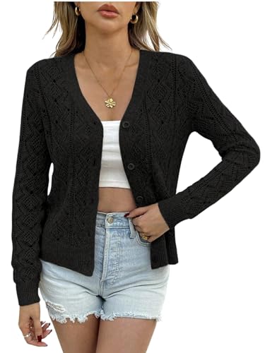 GORGLITTER Damen Strickjacke Elegant Kurz Cardigan mit Knöpfen Langarm Strickpullover mit V-Ausschnitt Häkel Freizeitjacke Herbst Outfit Schwarz M von GORGLITTER