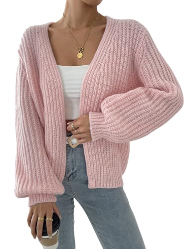 GORGLITTER Damen Strickjacke Elegant Kurz Offene Front Strick Pullover Drop Shoulder Cardigans Sweater Pulli Herbst Outfit Hellrosa S von GORGLITTER